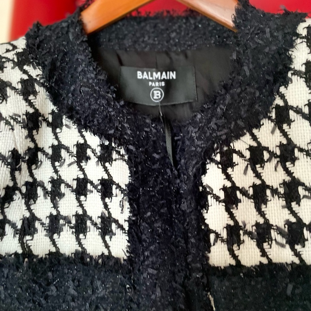 BALMAIN black white houndstooth tweed 4 pocket padded cropped jacket FR42 - Picture 6 of 16